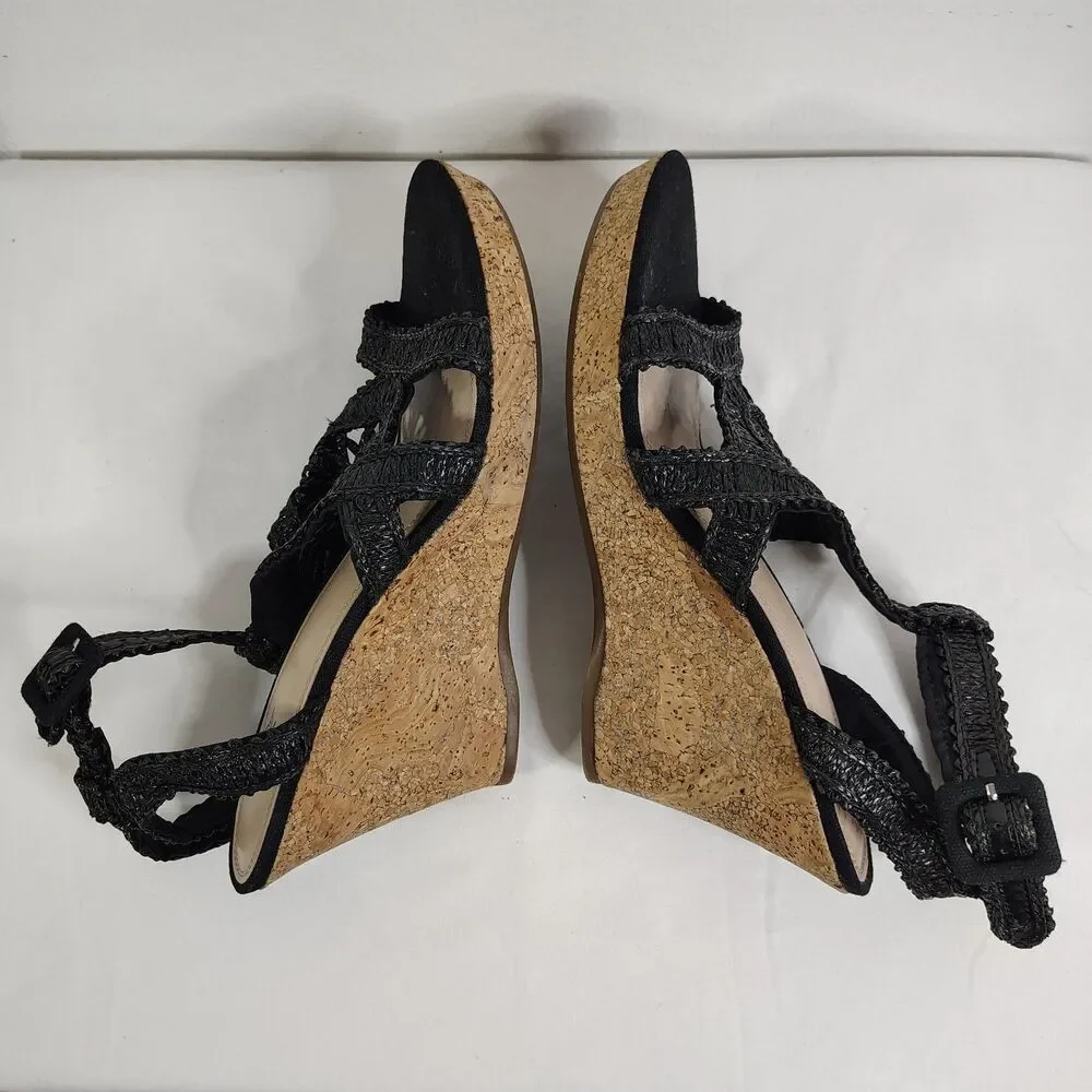 Impo Black Crochet Strappy Cork Wedge Sandals Women’s Size 10 Ankle Strap